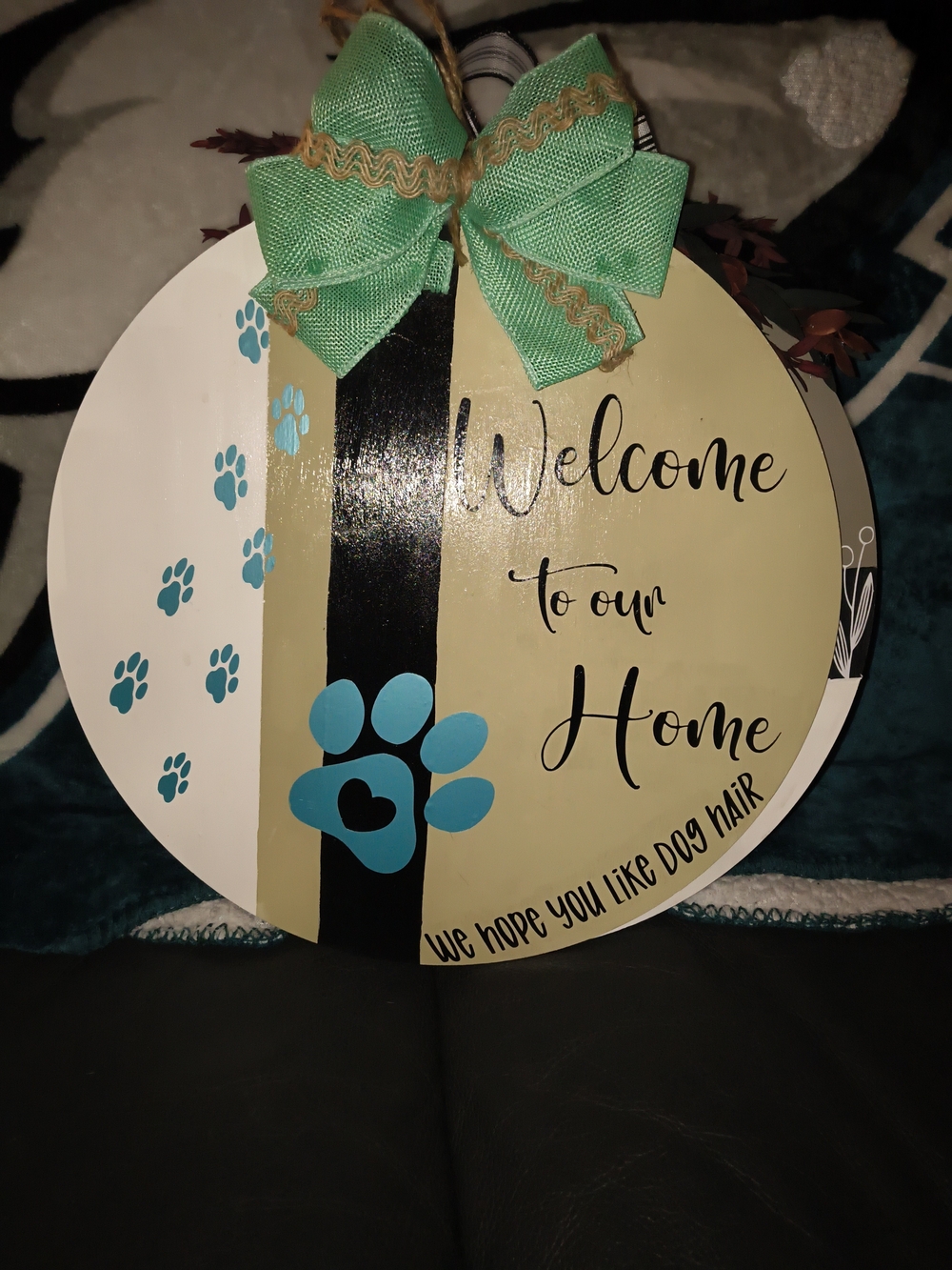 Welcome to Our Home Round Wall Sign - Teal Paw Print